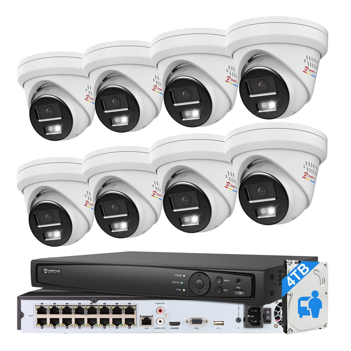 《Strobe Sound Light Alarm & 2-Way Audio》Anpviz 16CH 4K PoE Security Camera System, 8X 8MP Wired IP Turret Cameras Outdoor Metal, 12MP NVR with 4TB HDD, True Plug & Play for Business Home(H Series)