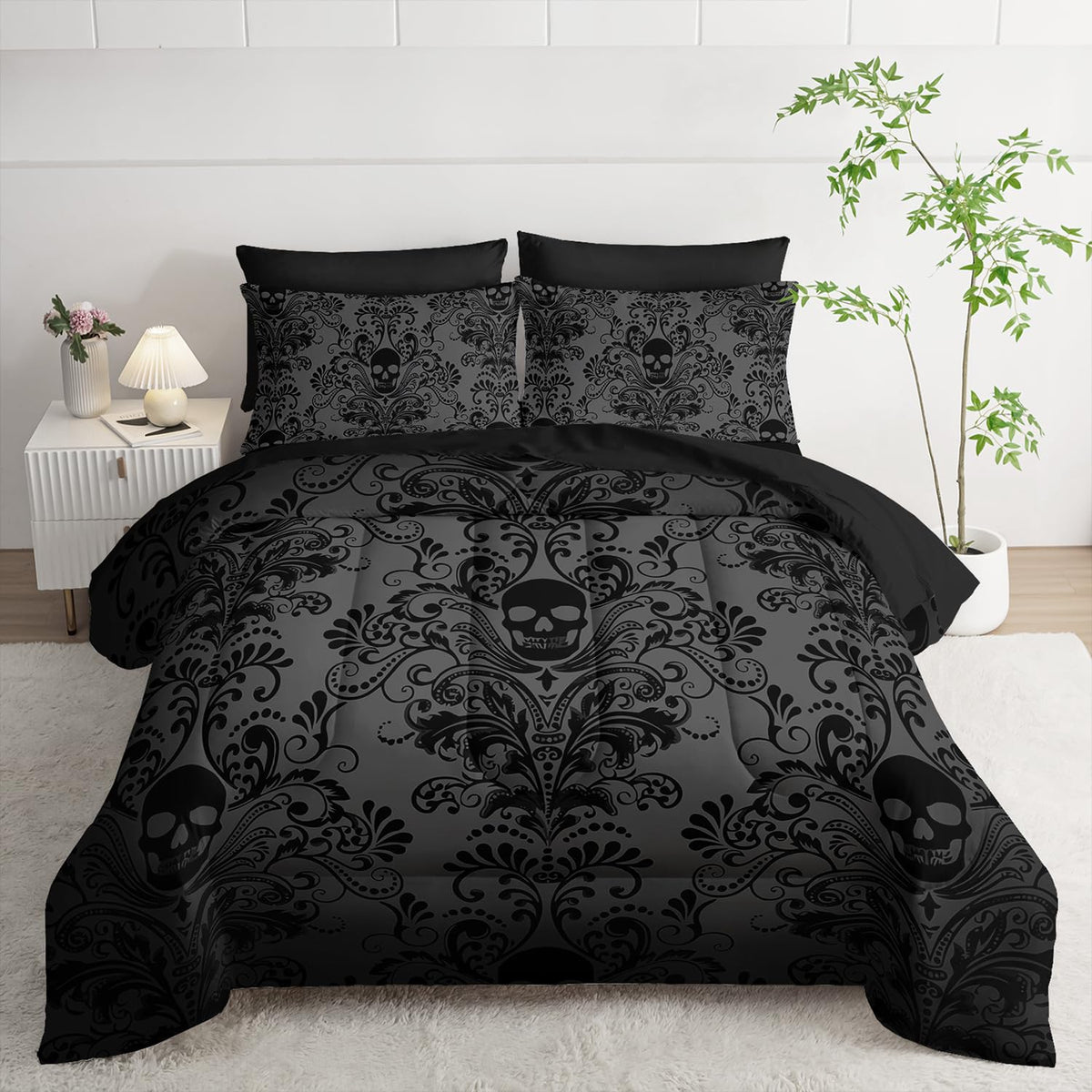 Tuzaovy Black Skull Comforter Set 7 Piece Twin Size Bed in A Bag,Goth Bedding for Room Decor,Soft Western Comforter Boho Hippie Bedding with Fitted Sheet,Flat Sheet, Pillowcases & Shams