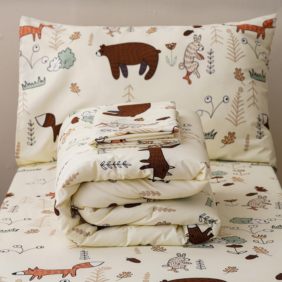 KAREVER Cartoon Toddler Bedding Set Bear Fox 4 Pieces Crib Bed Set Kids Cream Yellow Animal Print Comforter Set