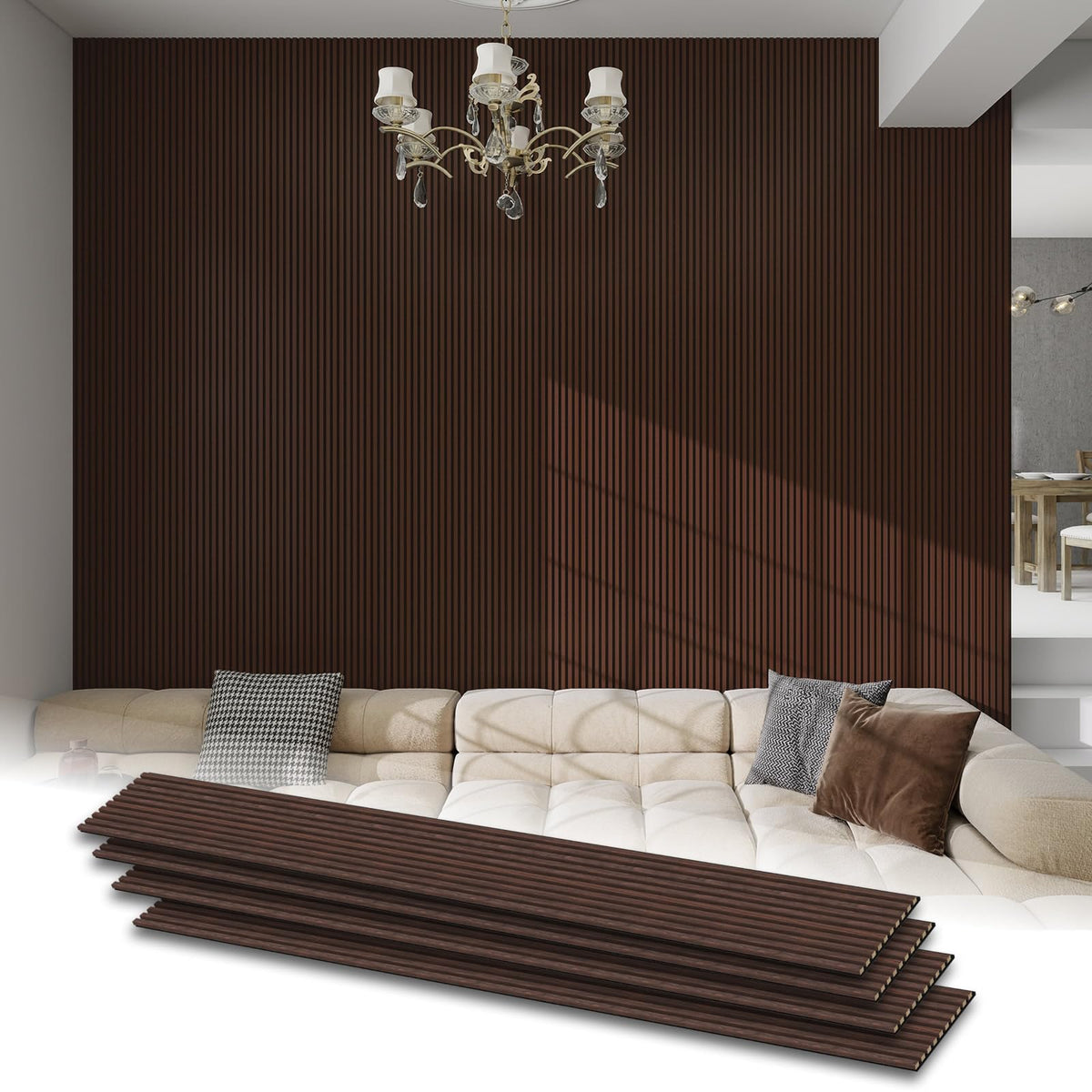 RODENET Soundproof 3D Slat Wall Panels 4-PACK 94.5"x11.8" MDF Acoustic Panels with Realistic Wood Grain for Noise Reducing Decor(DARK WALNUT)