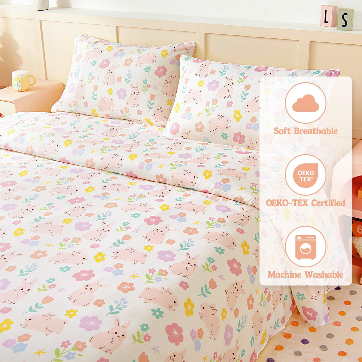 MCO Kids Full Size Bed Sheets, Soft Microfiber Full Size Sheets for Boy Girls, 4 Pieces Breathable Full Bed Sheet Rabbit