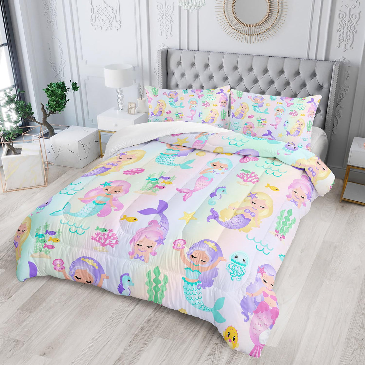 XYNHML Rainbow Mermaid Comforter Set Twin/Full/Queen Size Fairy Tale Sea Shell Grass Bedding Set Starfish Jellyfish Quilt Bed Set for Kid Girls with 1 Comforter and 2 Pillowcases