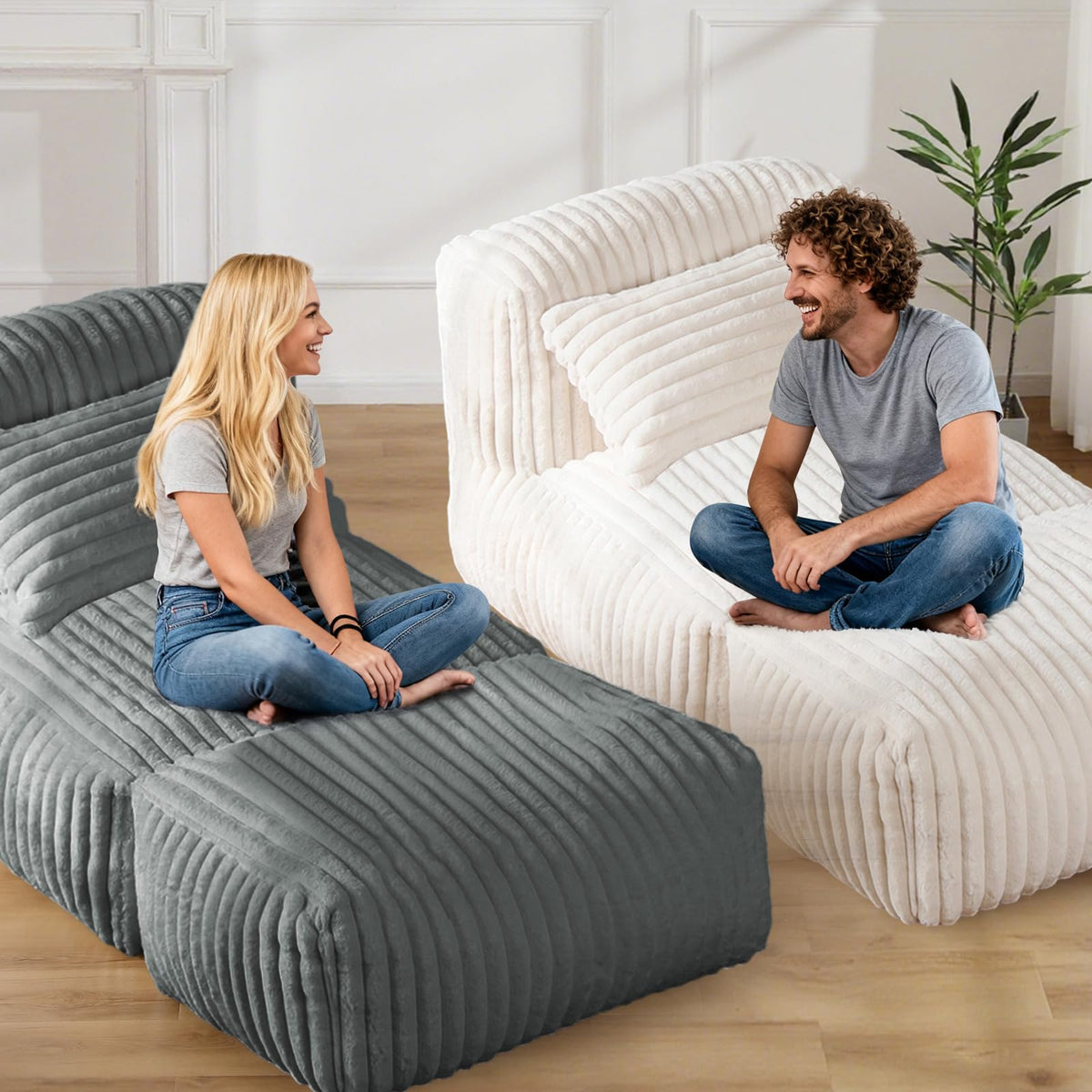 Big Bean Bag Lounger Sofa with Pillow, Large Bean Bag Chairs for Adults, Oversized Beanbag Sofa, Comfy Bean Bag Couch with Memory Foam Filled for Living Room, Bedroom, Gray