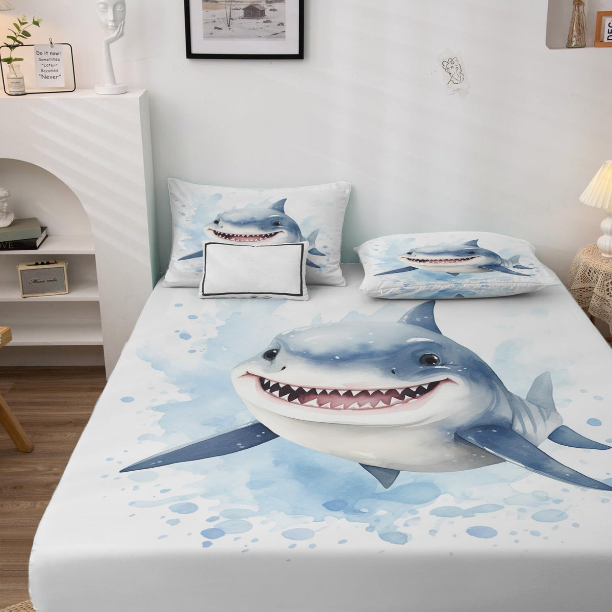 Rejkxyw King Size Sheets Set Blue Shark - Cartoon Bed Sheets - Kids Boys Sheet Set - 12 Inch Deep Pocket - Ultra Soft Winkle Free Microfiber Bedding Sheets & Pillowcases 4 Piece