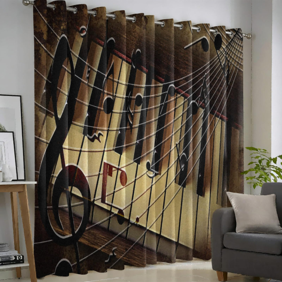 MBVZGUK Retro Nostalgia Piano Keyboard Curtains for Bedroom, 63 Inch Length 2 Panels, Music Note Staff Pattern Curtain Panels, Classic Rustic Brown Vintage Style Window Drapes for Music Studio
