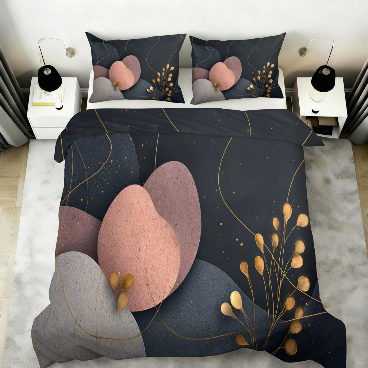 ZAOMIR Mid Century Modern Abstract Duvet Cover Twin Size, Dark Gray Black Rose Pink Geometric Bedding Set 3 Piece, Abstract Geometric Botanical Patterned Comforter Cover with Zipper, 2 Pillowcases
