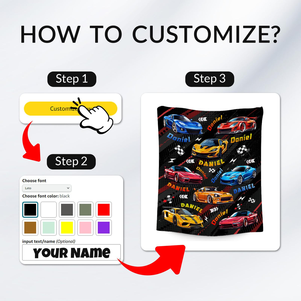 AIOMXZZ Kids Blanket for Boys, Personalized Racing Car Blankets Gifts for Toddler Teens, Custom Car Themed Flannel Throws with Name, 4 Size