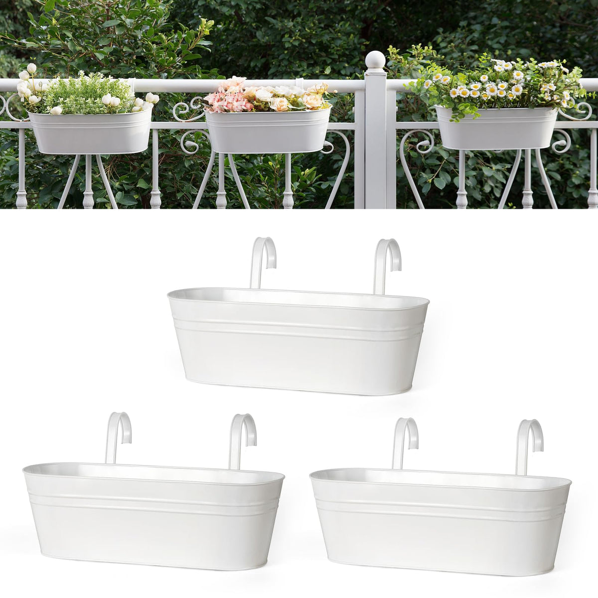Dahey 3 Pcs Metal Iron Hanging Flower Pots for Railing Fence 15.7 Inch Hanging Bucket Pots Countryside Style Window Flower Plant Holder with Detachable Hooks for Garden Yard Home Decor, White