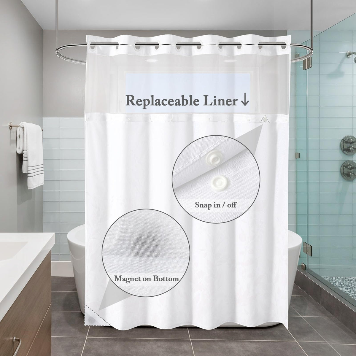 Gibelle No Hook Eucalyptus Shower Curtain with Snap-in Fabric Liner Set, Hotel Style Sage Green Plant Leaves Double Shower Curtain with See Through Top Window, Waterproof & Washable, 72x74