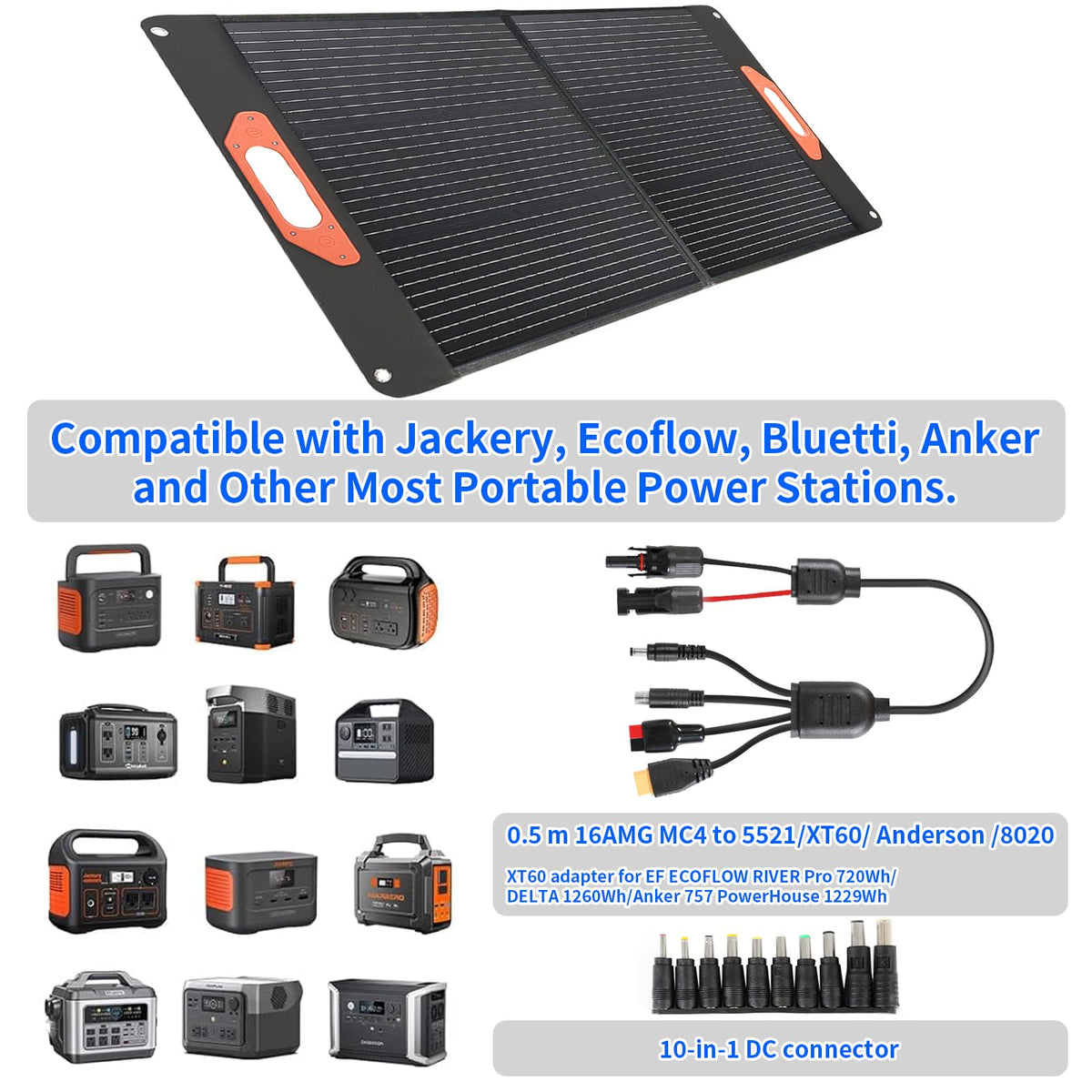 100W Portable Solar Panel for Power Station, Compatible with Jackery, Ecoflow, Bluetti, Anker and More Portable Power Stations, Weatherproof for Camping, RV, Emergency Power (100W)