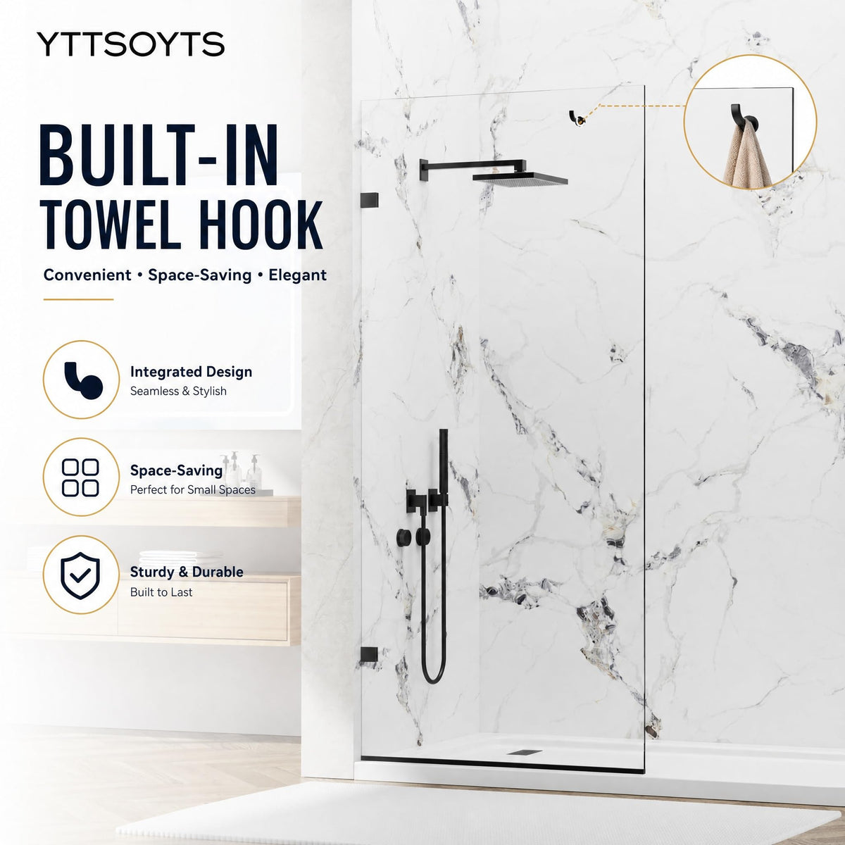 YTTSOYTS Premium Shower Screen 36"×76" Frameless Shower Glass Panel, 3/8'' (10mm) Fixed Glass Shower Panel, Tempered Glass Door Easy Clean Coating, Bathroom Shower Screen with Hook (Matte Black)