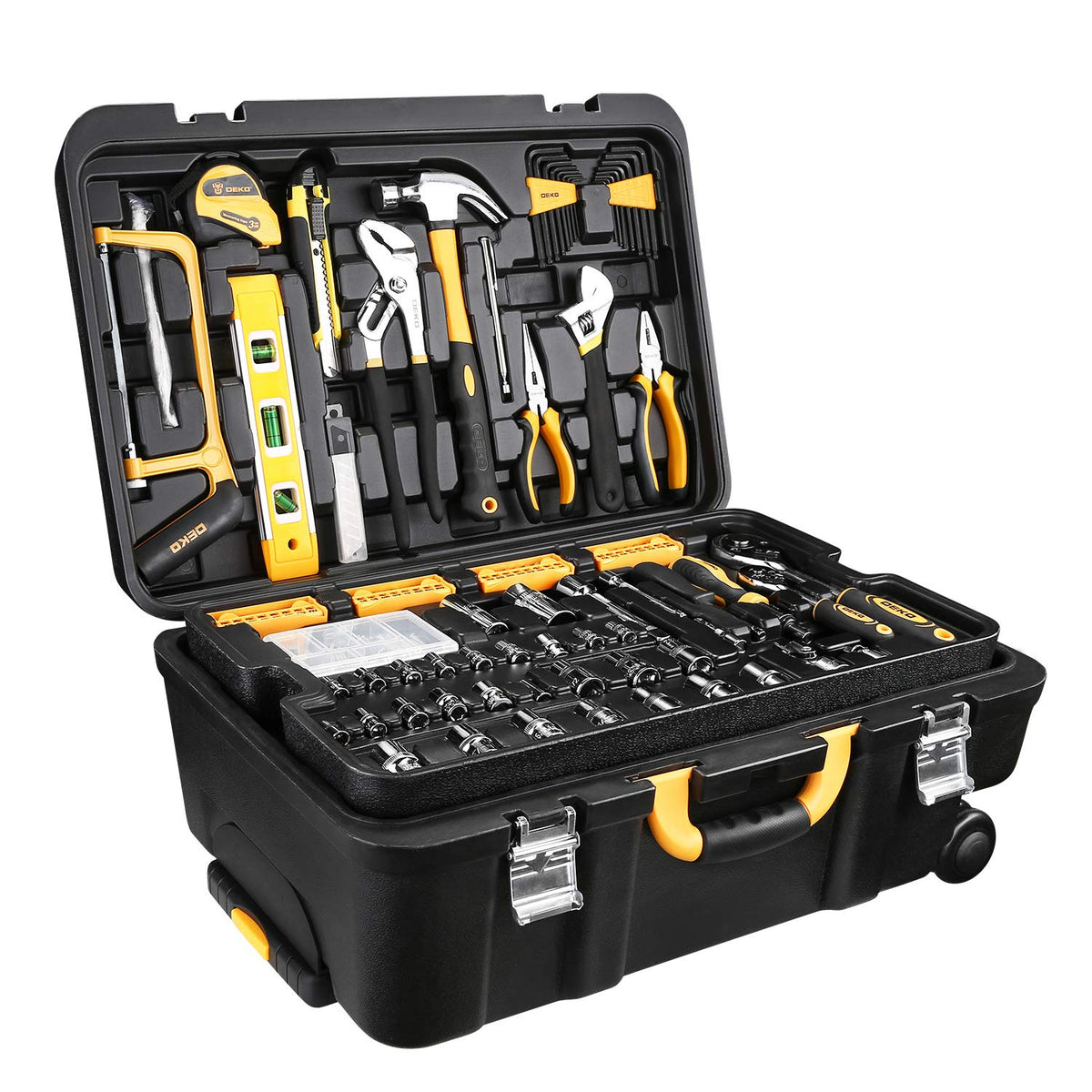 DEKOPRO 258 Piece Tool Kit with Rolling Tool Box Socket Wrench Hand Tool Set Mechanic Case Trolley Portable