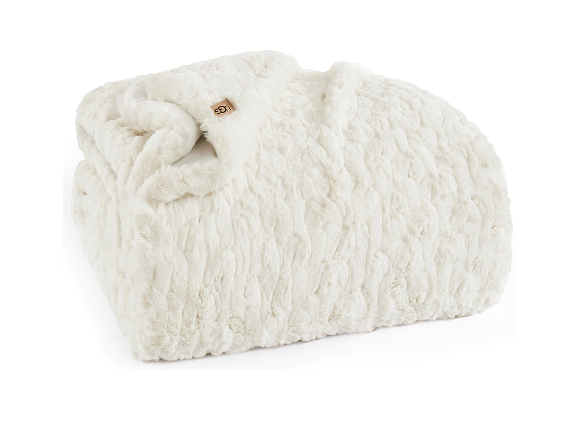 UGG Amanda Faux Fur Throw Blanket, Plush Fluffy Throw Blankets for Couch or Bed Sofa, Soft and Fuzzy Oversized Fur All Seasons Comfort, College Dorm Essentials for Guys, 50x70-inch, Snow (White)