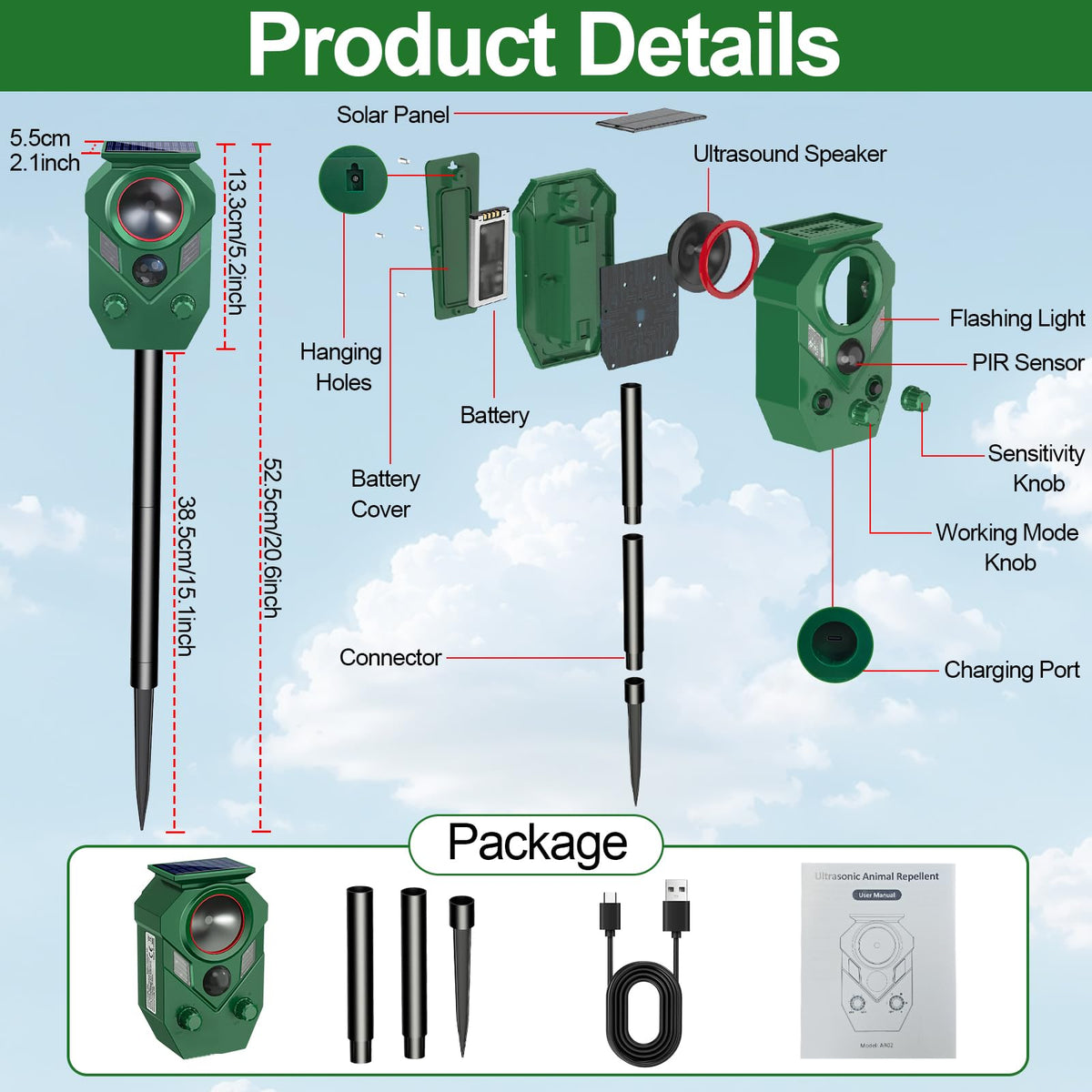 Ultrasonic Animal Repeller Outdoor,Cat Repellent & Deterrent with PIR Sensor & Flashing Light,Solar Powered Deer Repellent Device for Squirrels,Raccoons,Skunks,Rabbits,and Dog,IP65 Waterproof - 4 Pack