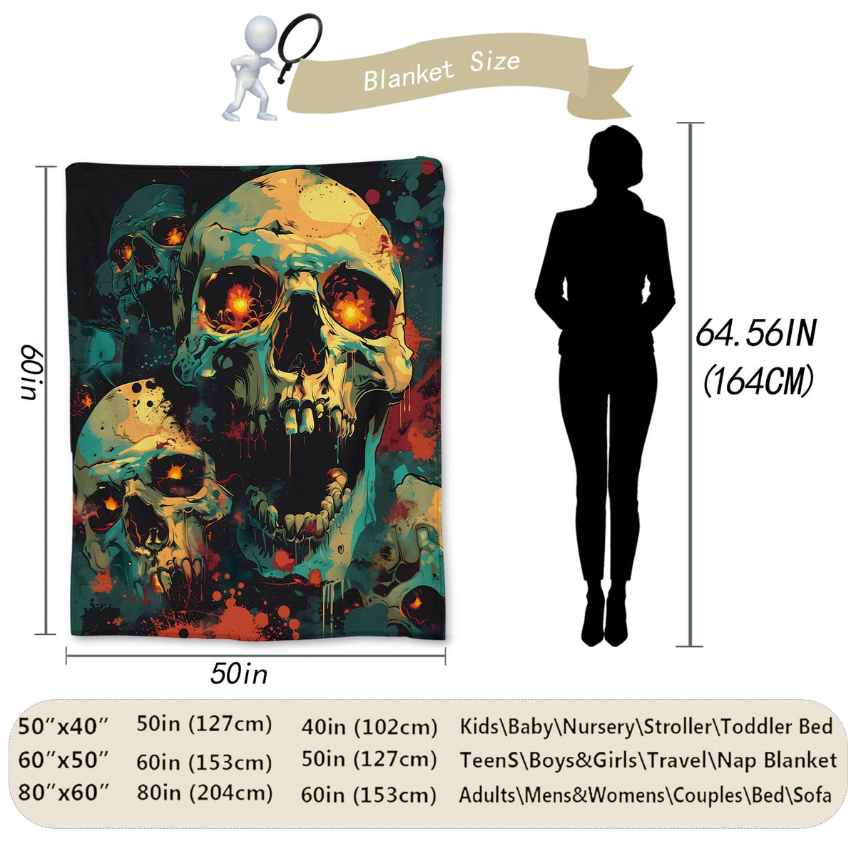 Ti Caldi Terrifying Skull Blanket | Soft Warm Fuzzy Lightweight Flannel Creepy Throw Blanket for Couch, Bed, Halloween Decor, Travel & Outdoor Use, Cozy Blankets for Adults Women Men 60×50 in