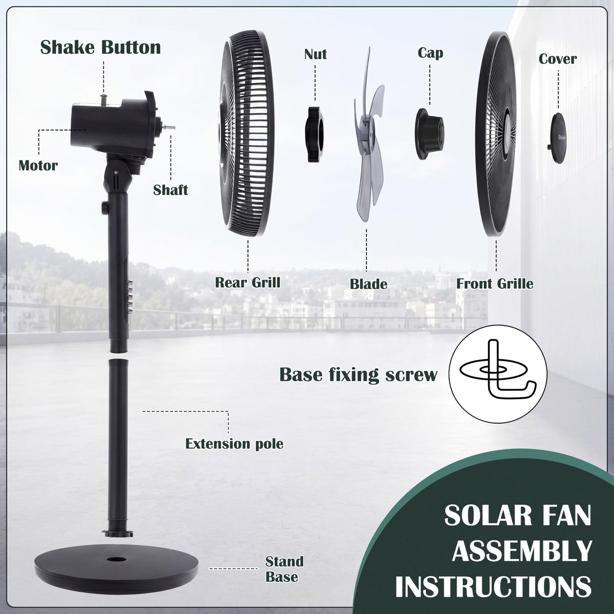 Grinsvalley 16 inch Solar Oscillating Standing Fan with Solar Panel, Portable Rechargeable Mobile Floor Fans, 14400mah Battery, Two Charging Methods, 4 Speeds, for Bedroom Study or Outdoor(Black)