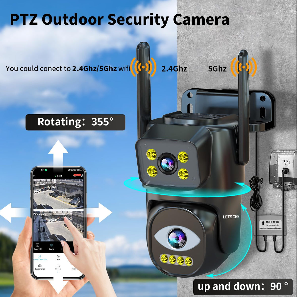 LETSCEE Dual Lens WiFi Security Camera Outdoor,5G/2.4G PTZ Outdoor Auto Tracking,HOM Security Surveillance System Camera,WiFi,Night Vision,7/24 Recording