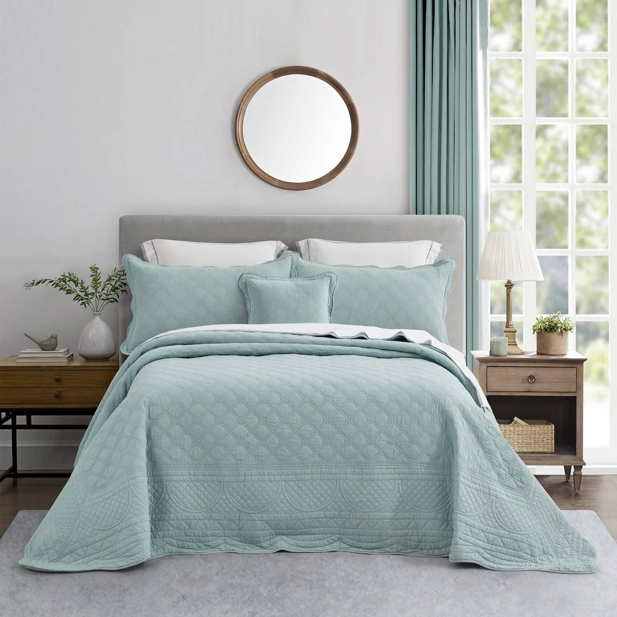 CHIXIN Cotton Bedspread Full Size - Real Stitching - Luxury Quilted Bedding Cover for All Season, Reversible, Ultra Soft, Lightweight, 3 Piece, Pale Blue