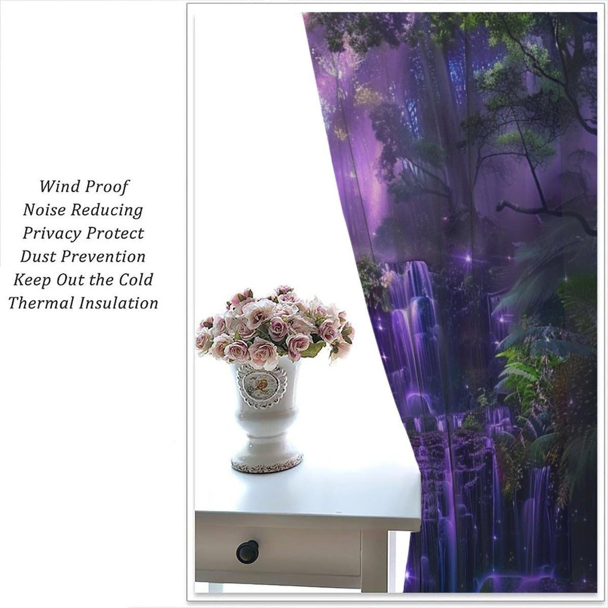 HZOHNAGO Enchanted Forest Curtains Fantasy Nature Purple Fireflies Waterfall Pattern Blackout Print Rod Pocket Window Drapes for Bedroom Living Room 42x45in