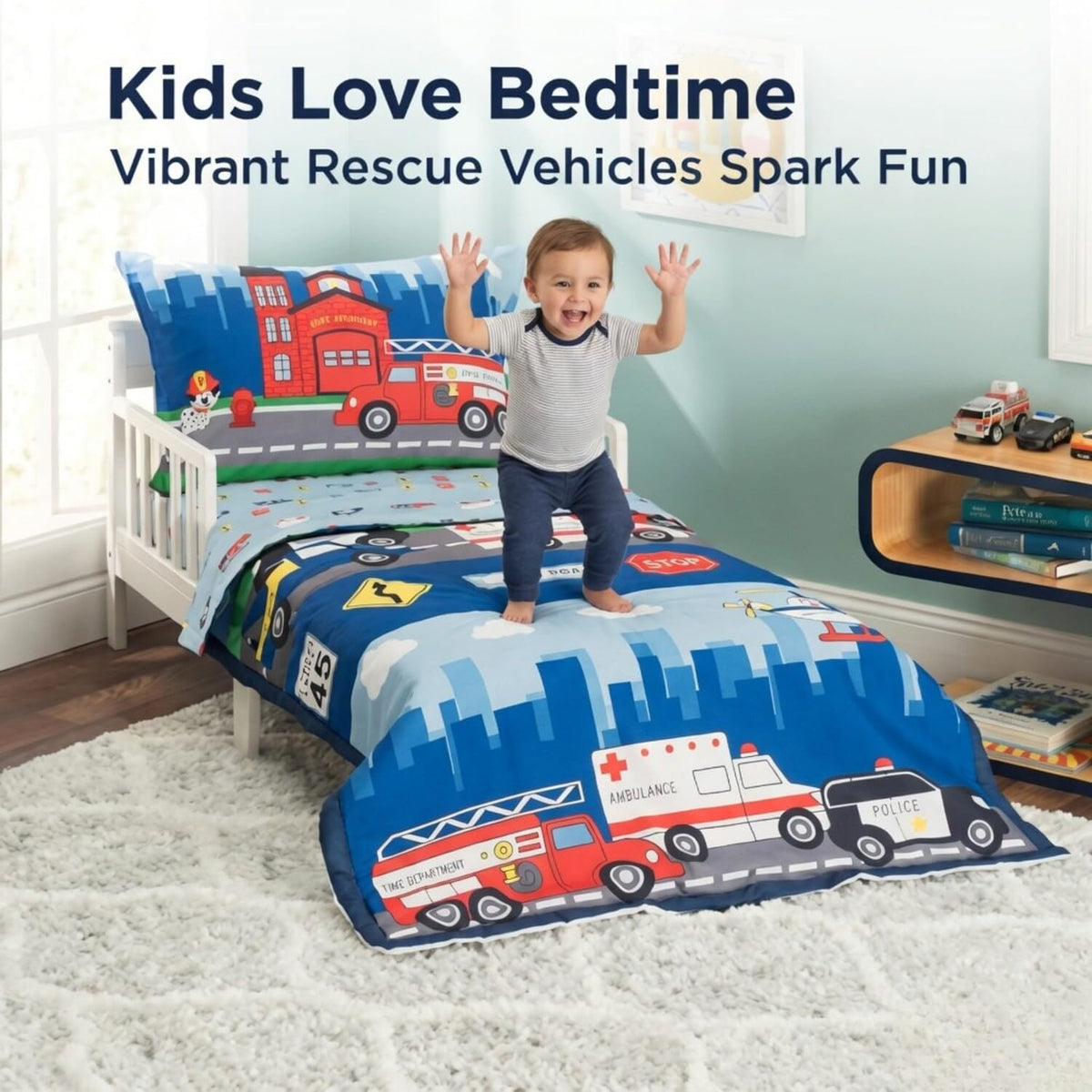EVERYDAY KIDS 4 Piece Toddler Bedding Set -Fire and Police Rescue- Includes Comforter, Flat Sheet, Fitted Sheet and Reversible Pillowcase
