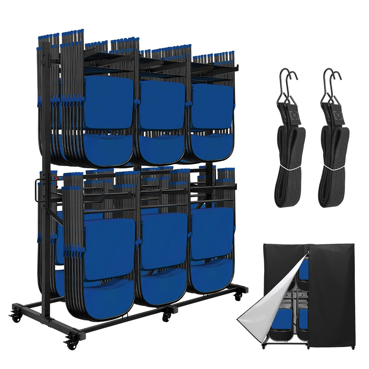 CXRCY Folding Chair Rack, Heavy-Duty Two Tier Folding Chairs Cart with 6 Tank Wheels, 800LBS Capacity for 84 Chairs or 12 Tables, 2 Elastic Band, Dust Cover