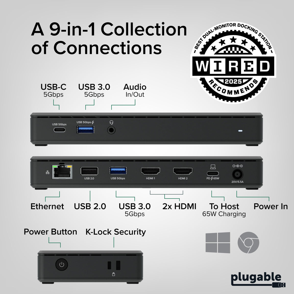 Plugable USB-C Docking Station Dual 4K 60Hz HDMI, 65W Charging, Gigabit Ethernet, 1x USB-C 5Gbps, 3X USB-A, Audio, Windows/ChromeOS, USB-C/USB4/Thunderbolt, Driverless (UD-MSTH2)