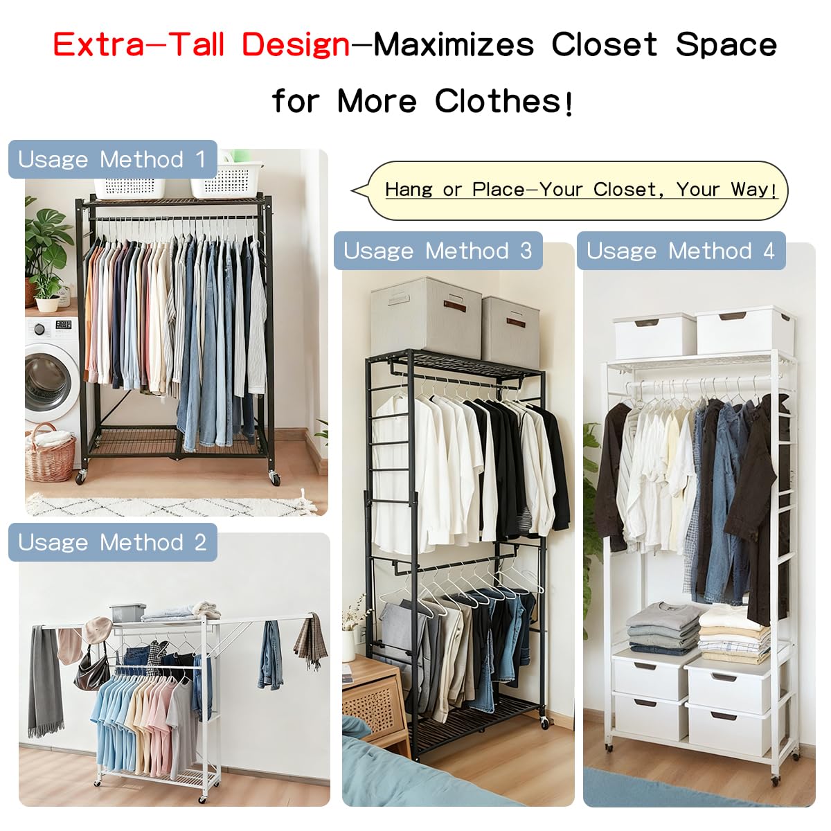lumizone Folding Clothing Rack with Wheels Expandable Wardrobe Portable Clothes Rack for Hanging Clothes Adjustable Closet Shelves Garment Rack Durable Closet Racks for Hanging Clothes (Pro White)