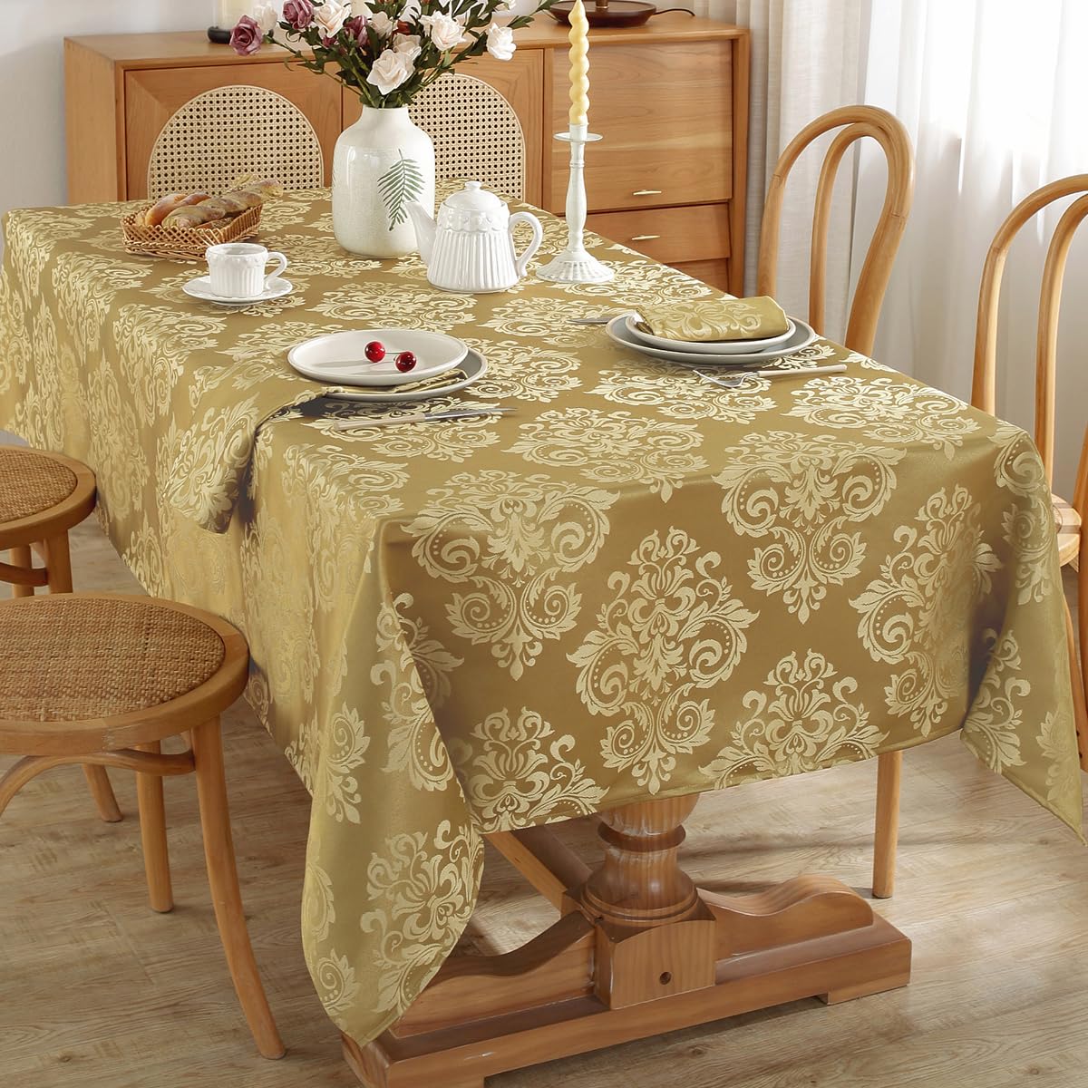SASTYBALE Damask Gold Tablecloth for Rectangle Tables 60 x 120 Inch, Floral Jacquard Waterproof Stain Resistant Fabric Table Cloth, Polyester Table Cover for Dining/Party/Wedding/Indoor/Outdoor