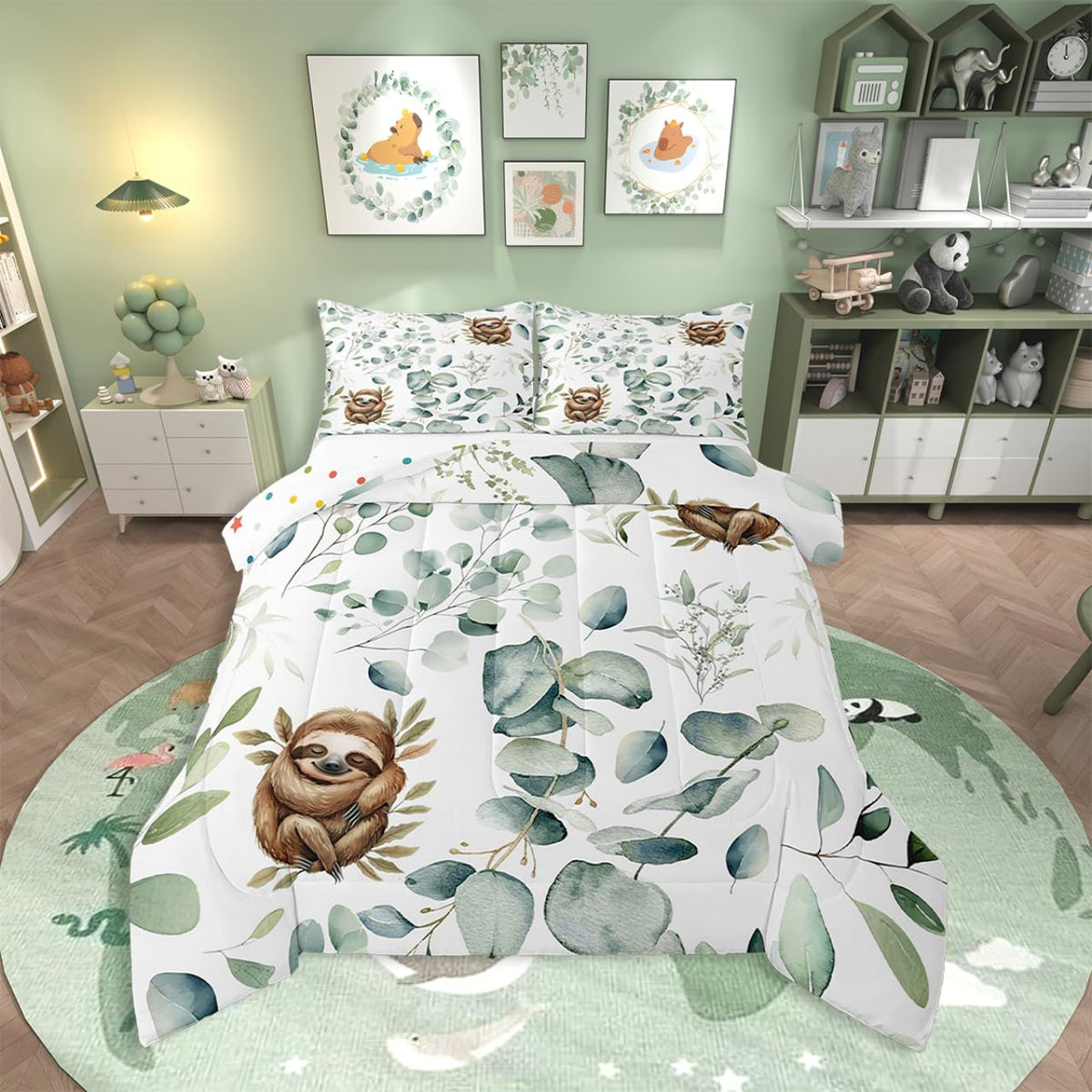 Erosebridal Girls Kawaii Animal Bedding Twin Size Cute Sloth Comforter Set Twin, Cartoon Wildlife Duvet Insert Green Leaf Quilt Comforter, Plant Bedding Comforters & Sets Child Kids Bedroom Decor