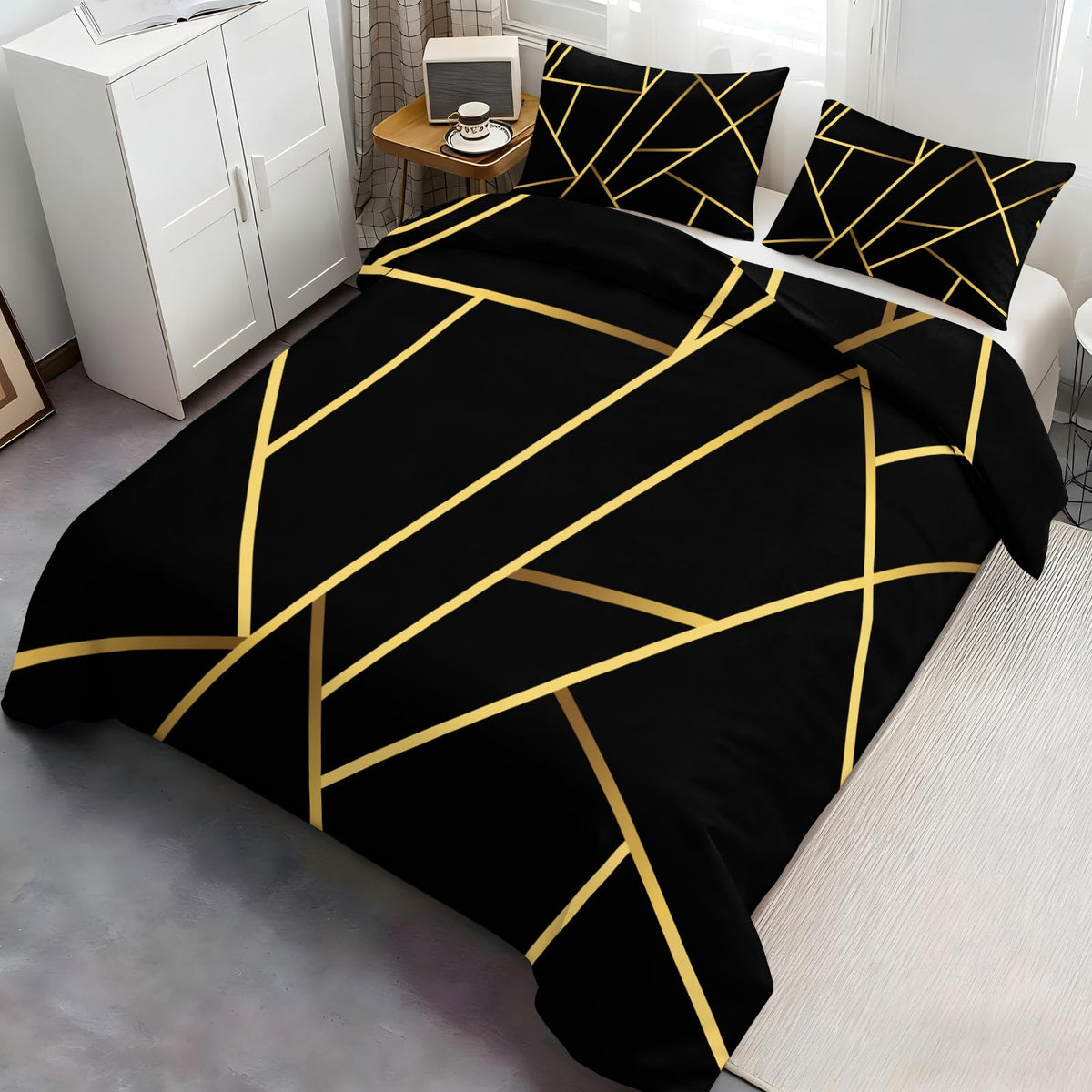 ZAOMIR Geometric Duvet Cover Queen Size, Abstract Modern Geometric Stripes Bedding Set 3 Piece, Black Gold Geometry Lines Patterned Comforter Cover with Zipper Soft Microfiber, 2 Pillowcases