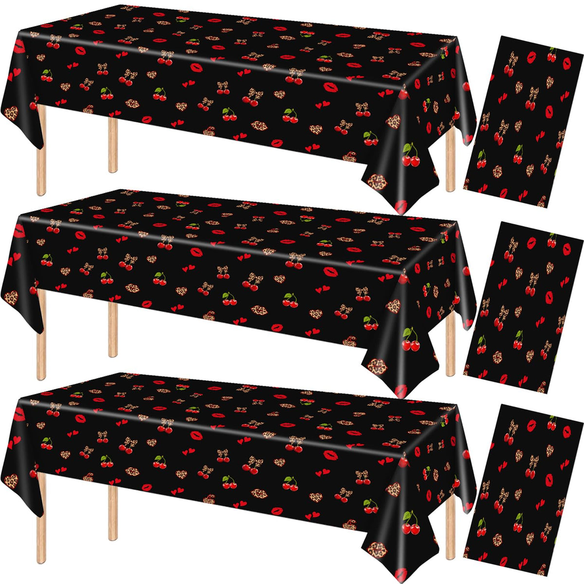 3Pcs 54 x 108 Inch Cheetah Cherry Tablecloths,Red Black Leopard Print Disposable Plastic Table Covers with Red Lips, Waterproof Party Table Cloths for Birthday, Baby Shower, Wedding, Party Decorations