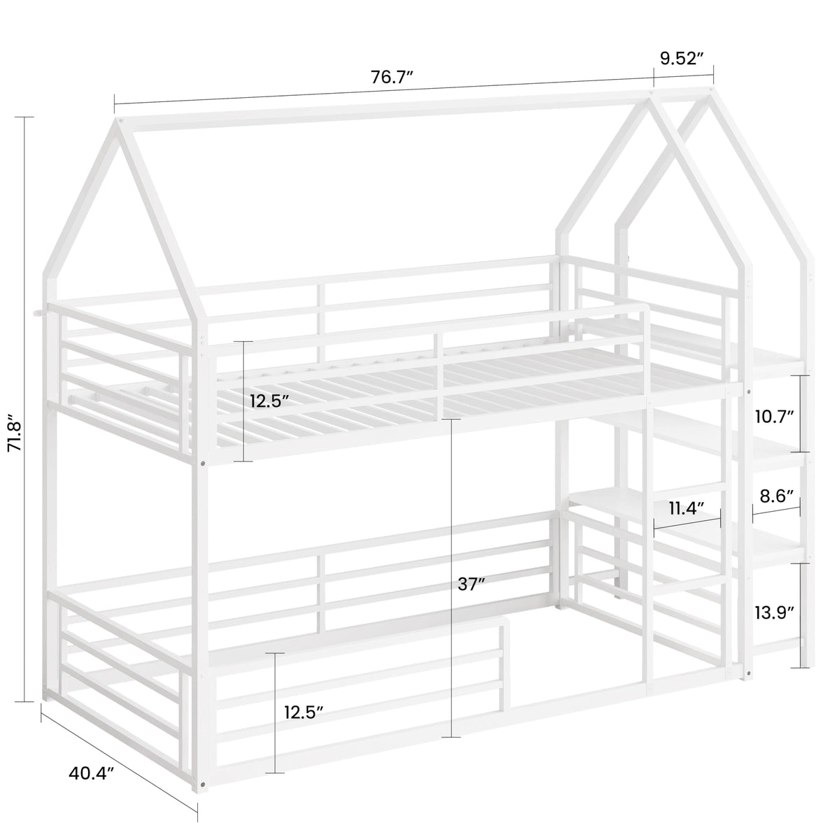 LIKIMIO Bunk Bed, Twin Bunk Beds with 3-Tier Storage Bookshelf, Bunk Bed Twin Over Twin, Metal House Bed Ladder and Safety Guardrail for Bedroom, Space Saving, No Box Spring Needed, White