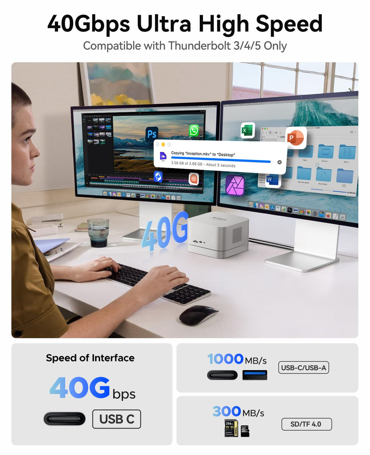 ORICO DataMatrix Mini 10TB Externsion Storage, 2TB SSD with 8TB External Hard Drive, 10Gbps USB-C&USB A Docking Station Compatible with Thunderbolt 3/4/5, SD/TF/CF Card Reader, for MacBook