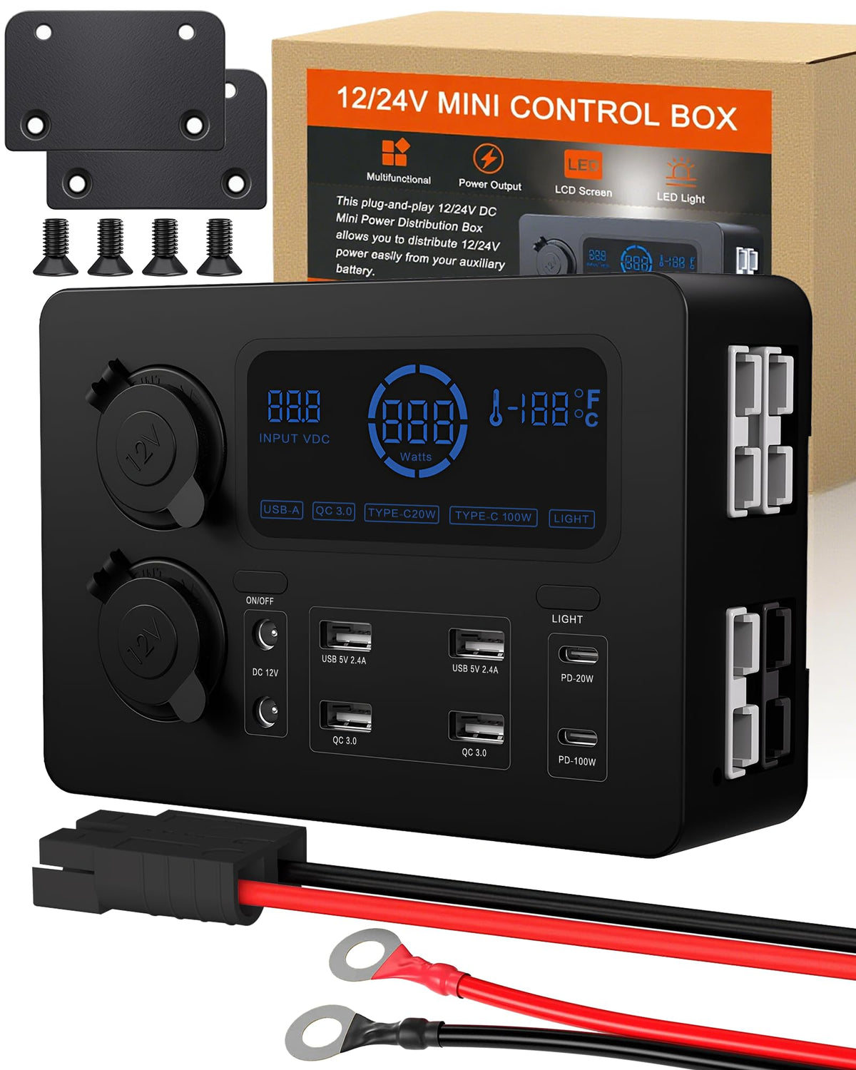IZTOSS 12V 100W Multifunction Mini Power Box Camping Electrical Power System with LED Lighting USB-C and QC3.0 Ports Cigarette Socket Anderson Port for Camper RVs Pickup Trucks 4WD Canopy Caravan
