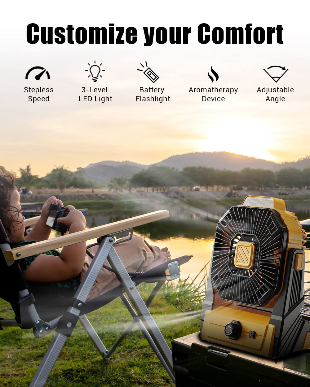 KopBeau Battery Operated Fan, 20800mAh Detachable, Camping Fan with LED Light & Hook for Tent, Outdoor USB Portable Fan Rechargeable for Travel, Hurricane, Hiking, Jobsite, Yellow