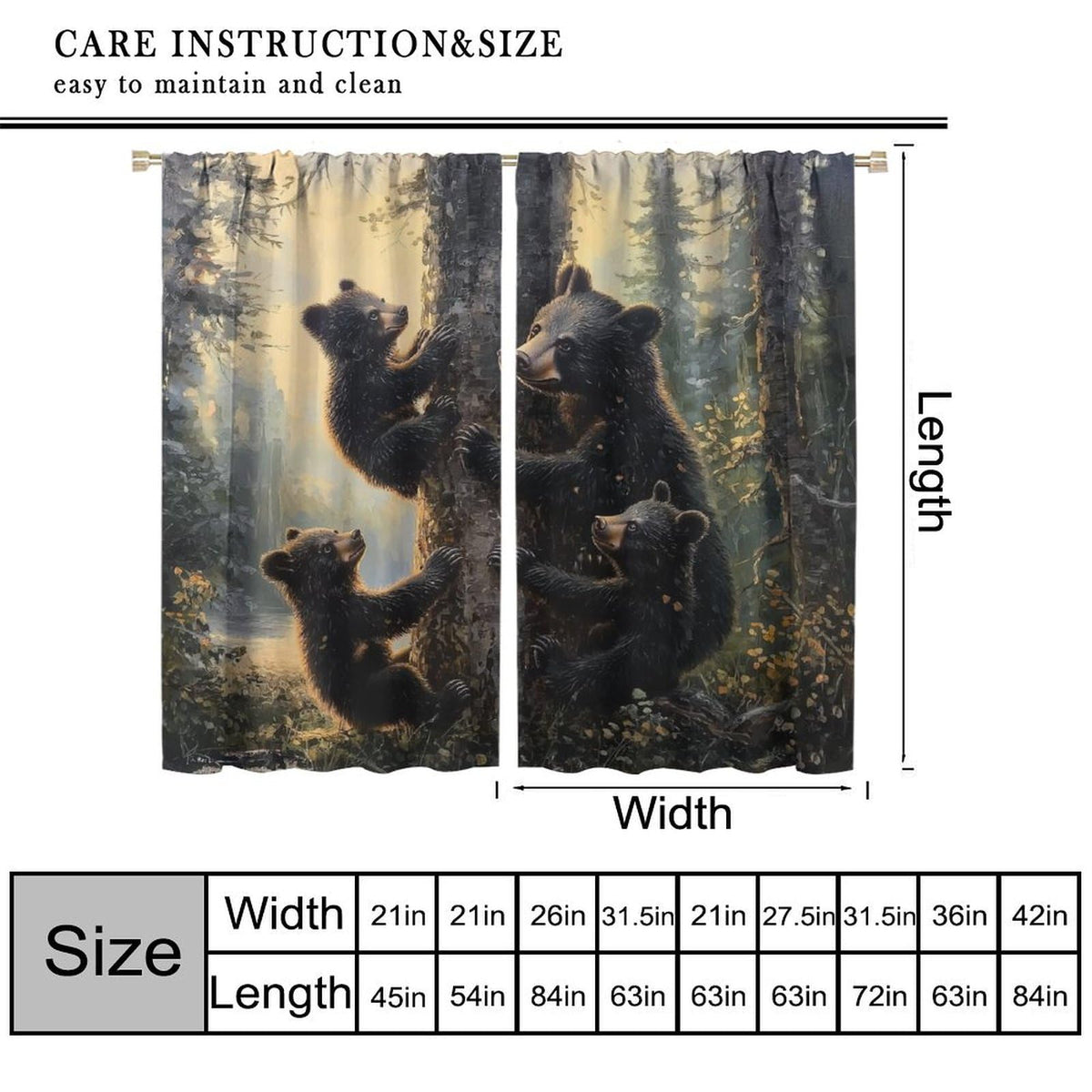 LOMADIA Bear Blackout Curtains, Retro Funny Forest Animal Woodland Wildlife Pattern Drapes, Black Bear Window Treatments Curtain for Kitchen Bedroom Living Room Home Decor 42" W x 45" L