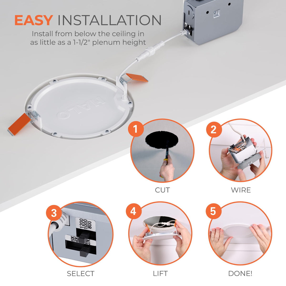 HALO HLB 6 in LED Recessed Lighting Canless Dimmable Wet Location Selectable Lumens and Selectable Color 27/30/35/40/5000K 6 Pack Indoor Outdoor Soffit Ceiling Light HLB6LSFS5-6PK