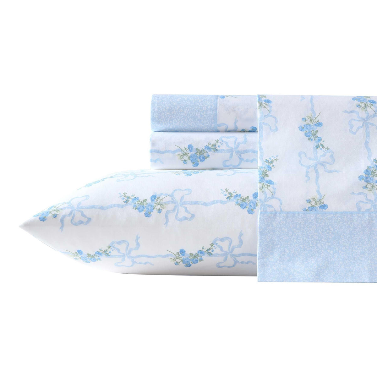 Laura Ashley – Twin Size Sheet Set, Crisp & Lightweight Cotton Percale Bedding with Fitted Sheet and Pillowcase, Floral Room Decor, Deep Pocket, College Dorm Room Essentials (Floral Ribbon Blue)