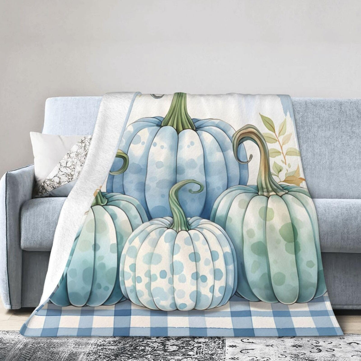 Blue Pumpkins White Gingham Throw Blanket for Couch Soft Blanket for Bed Bed Sofa Decor for Living Room Bedroom 60"X50"