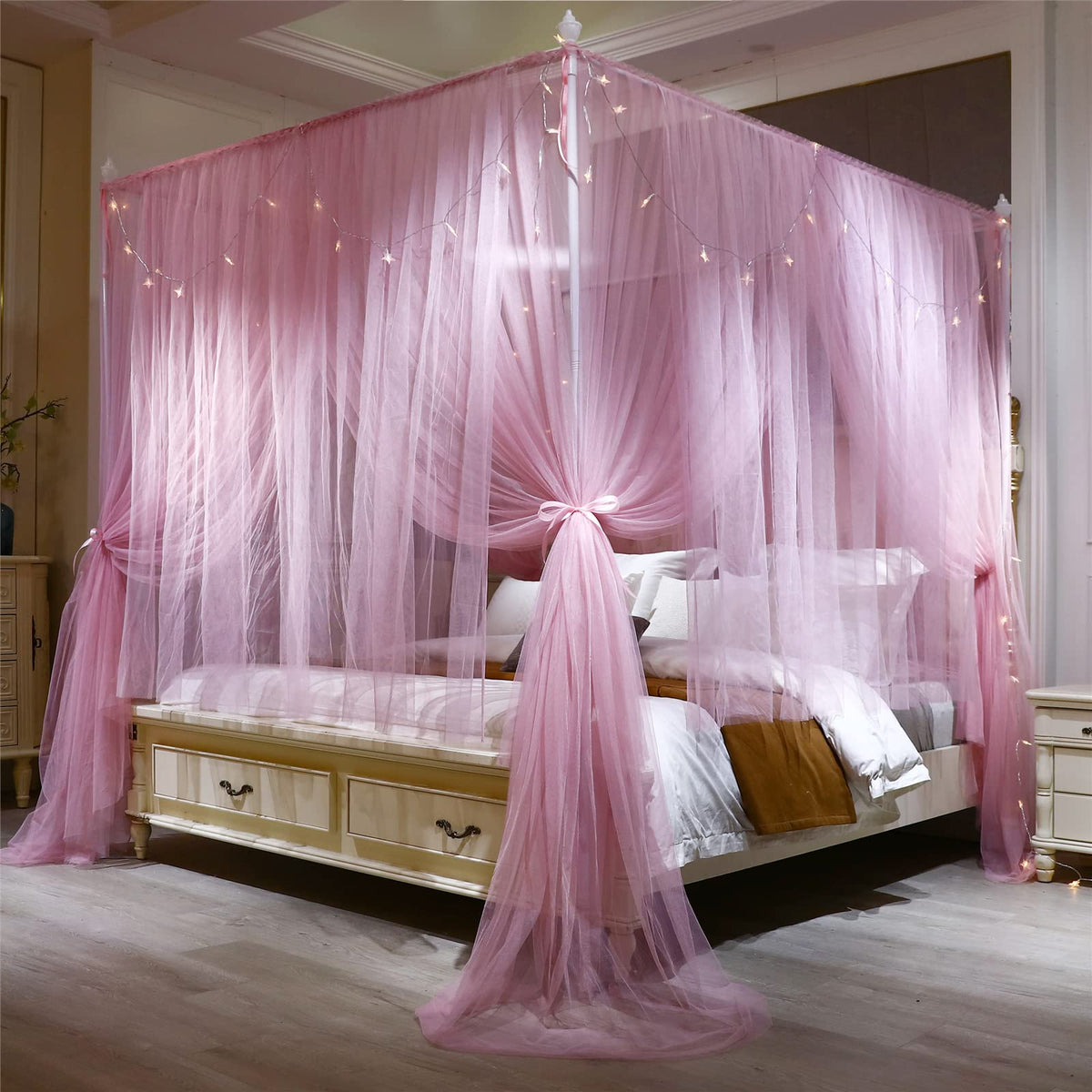 VETHIN 4 Corners Post Princess Bed Canopy Curtain Double Layer Cozy Drape Netting 4 Opening Mosquito Net for Girls & Adults Bedroom Decoration Accessories (Double Pink, 78" W*86" L*82"*H/(King))