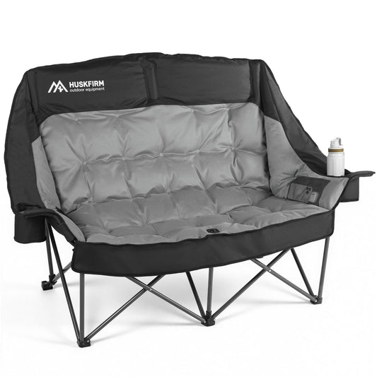 Huskfirm High Back Double Camping Chair 2 Person Camping Chair Low Seat Loveseat Camping Chair Fully Padded Oversized Camping Couch for Adults - Supports 650 LBS with Cup Holders Carry Bag - Black