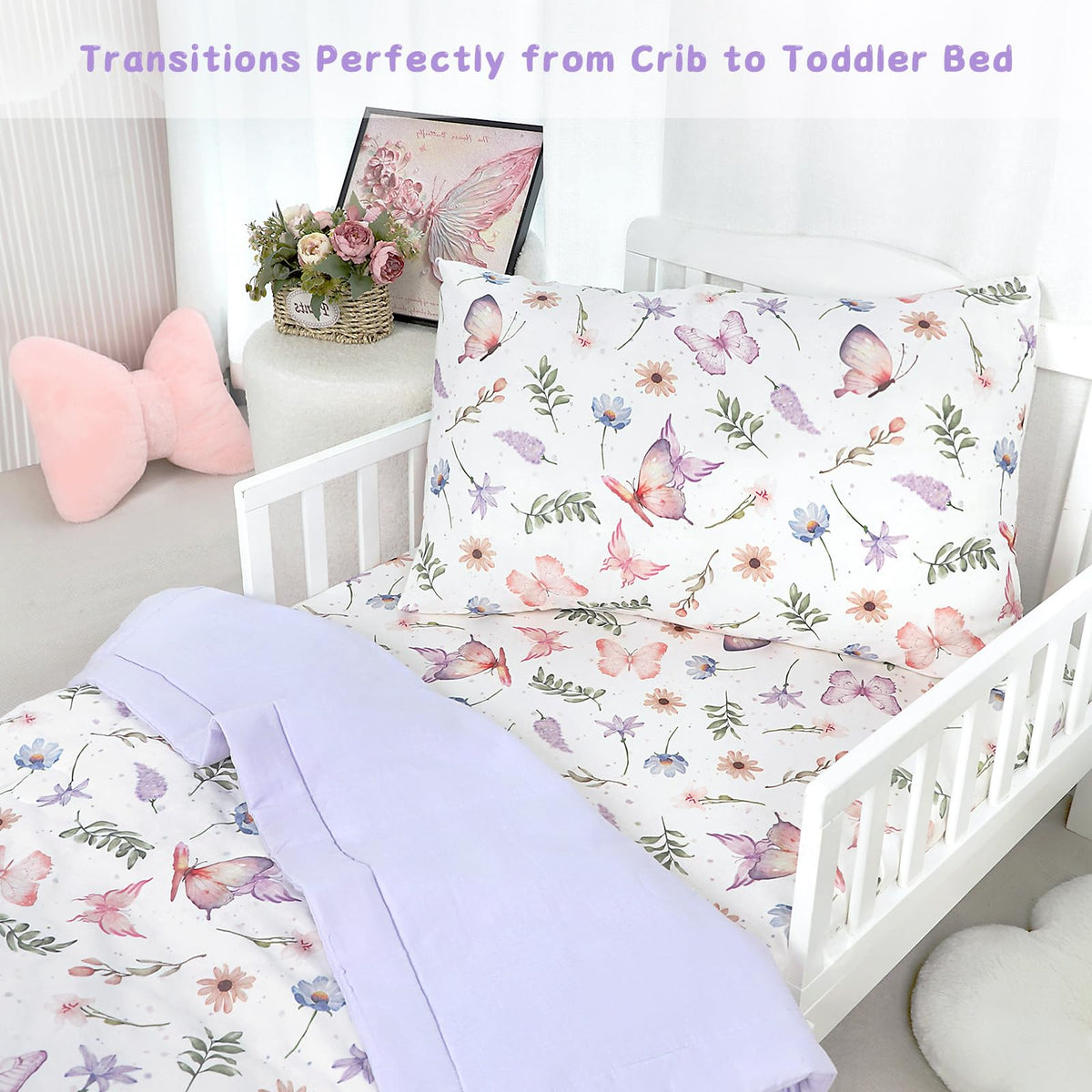 Pea Pod Muslin Toddler Bedding Set 3-Piece - Soft Breathable Crib Bedding with Fitted Sheet, Quilt & Pillowcase for Infant & Kids Bed | Machine Washable Nursery Bed Set (Butterfly)