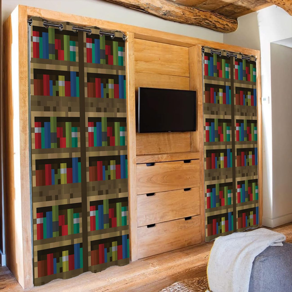 Wuminmin Pixelated Bookshelf Curtain, Educational Bookcase Pixel Art Video Game Closet Cover Curtain for Darkening Door Drape for Kids Teens Boys, 1 Panel 34" W x 80" L