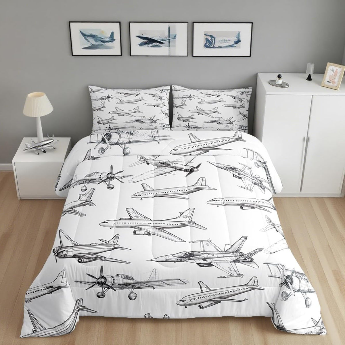 Homewish Airplane Comforter Set Twin Size Aircraft Bedding Set 2Pcs for Kids Girls Boys Teens Bedroom Decor Black White Sketch Print Quilt Set Flying Theme Duvet Insert,1 Pillowcase