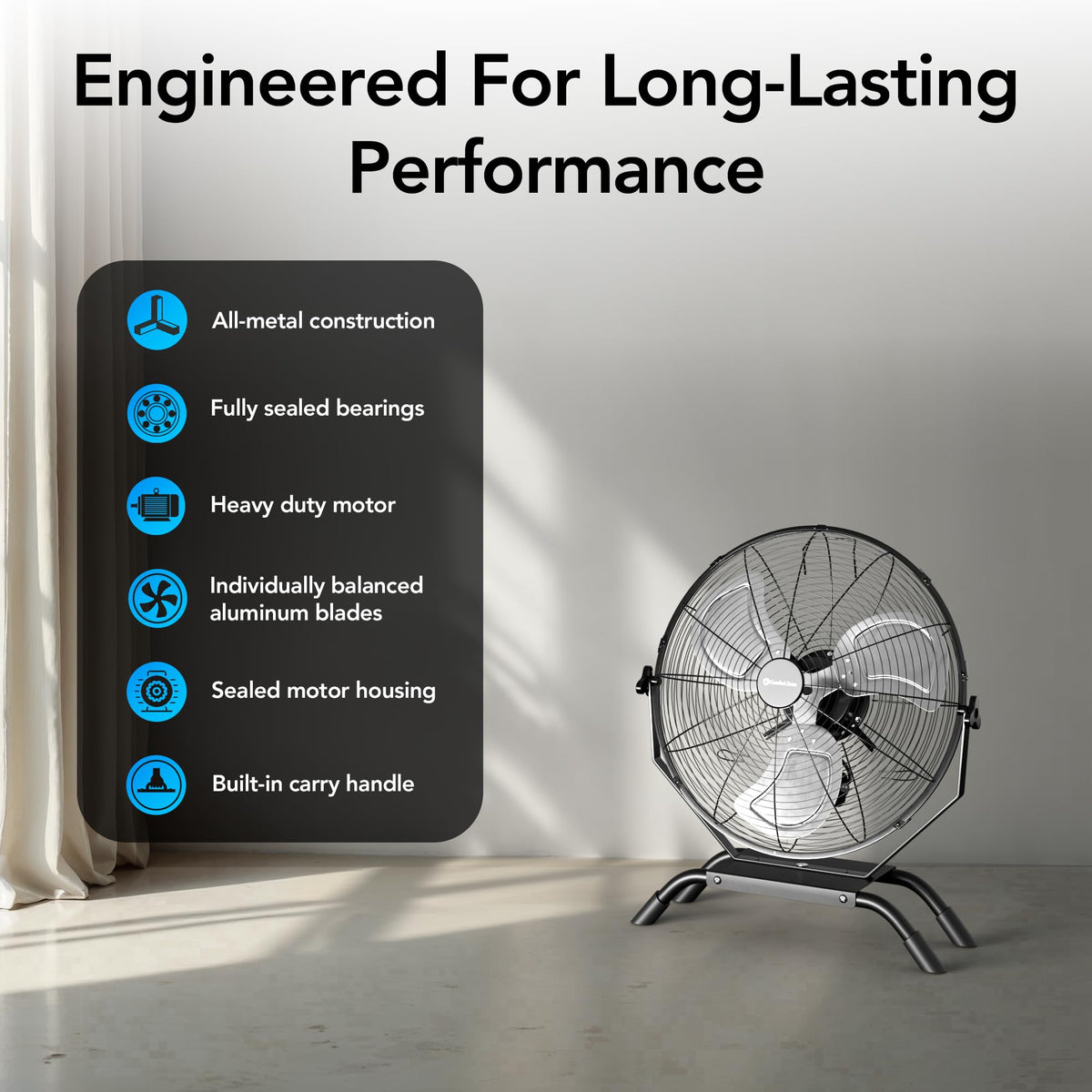 Comfort Zone 20-inch Industrial High Velocity Fan – Heavy Duty All-Metal Floor & Wall Mount Fan, 3-Speed High Power Cooling for Garage, Workshop, or Warehouse – Sealed Motor & Balanced Aluminum Blades