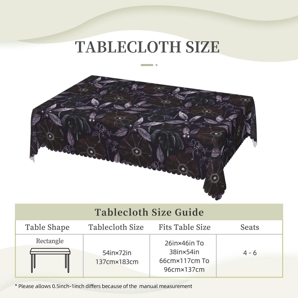 GOUROISE Floral Black Rectangular Tablecloth, Purple Flowers 54x72 Inch Wavy Lace Border Polyester Table Cloth for Dining, Kitchen, Parties