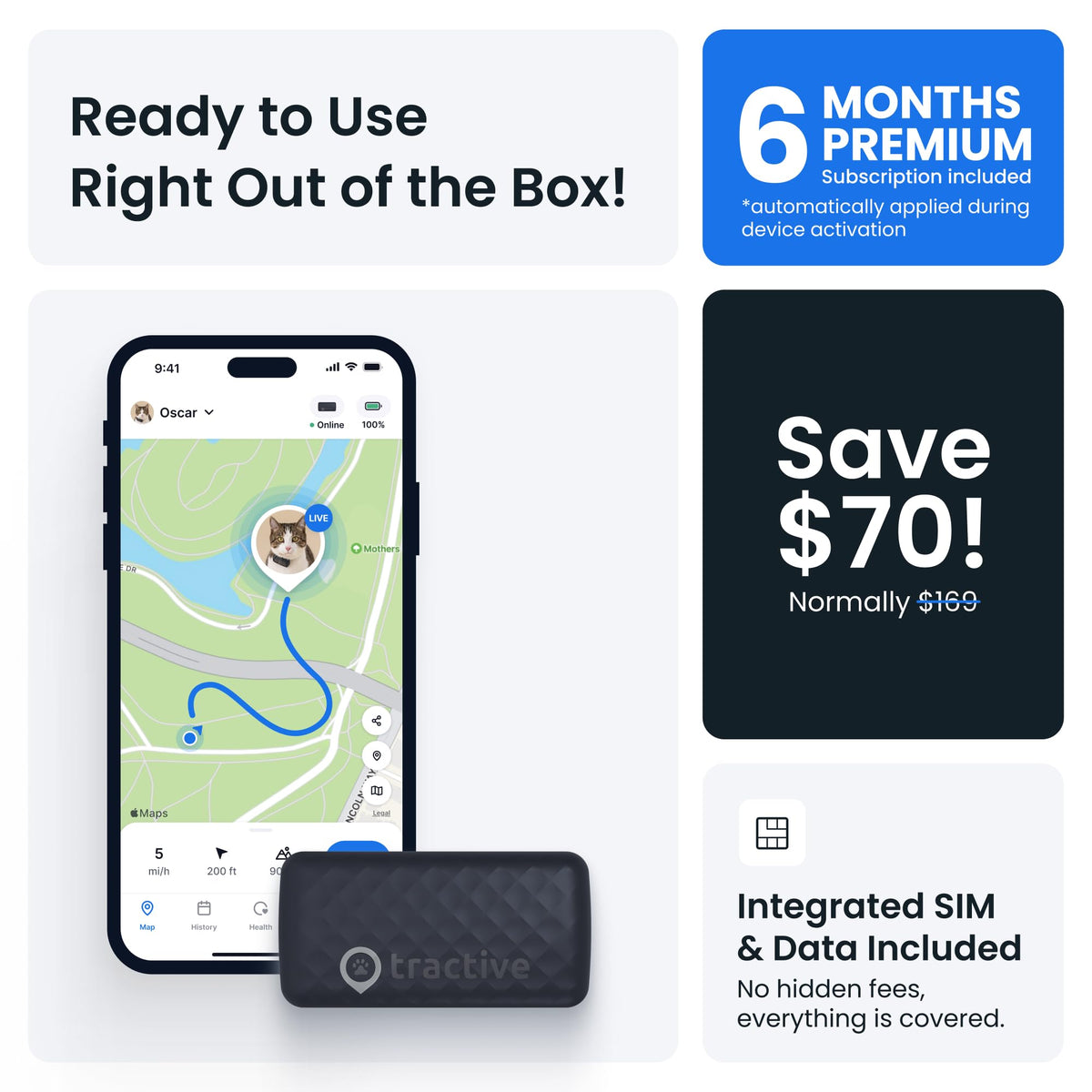 Tractive Smart Cat GPS Tracker with Free 6 Month Subscription | Real-Time Location & Wellness Monitoring for Cats 6.5 lbs+ | Territory & Location History | Up to 5-Day Battery (Brown)