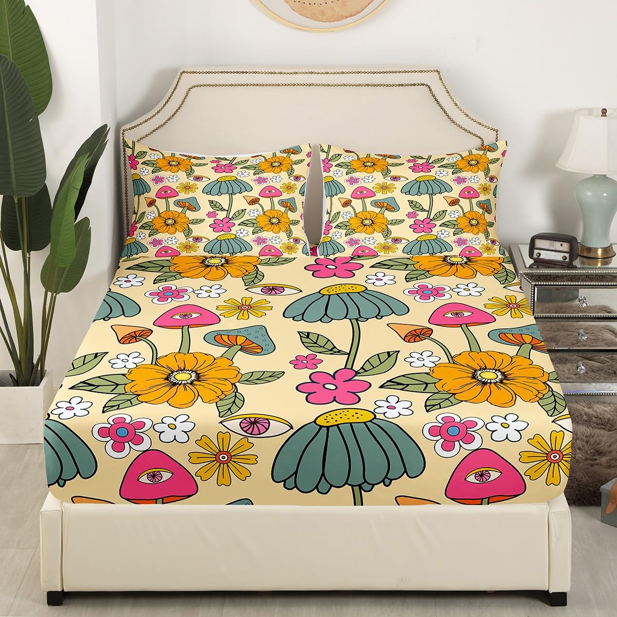 70s Retro Floral Bed Sheet Set Twin Size,Hippie Flowers Leaves Bedding Decor Set with 1 Flat & 1 Fitted Sheet Cartoon Eyes Mushroom with 1 Pillow Sham for Kids Boys Bedroom Decor