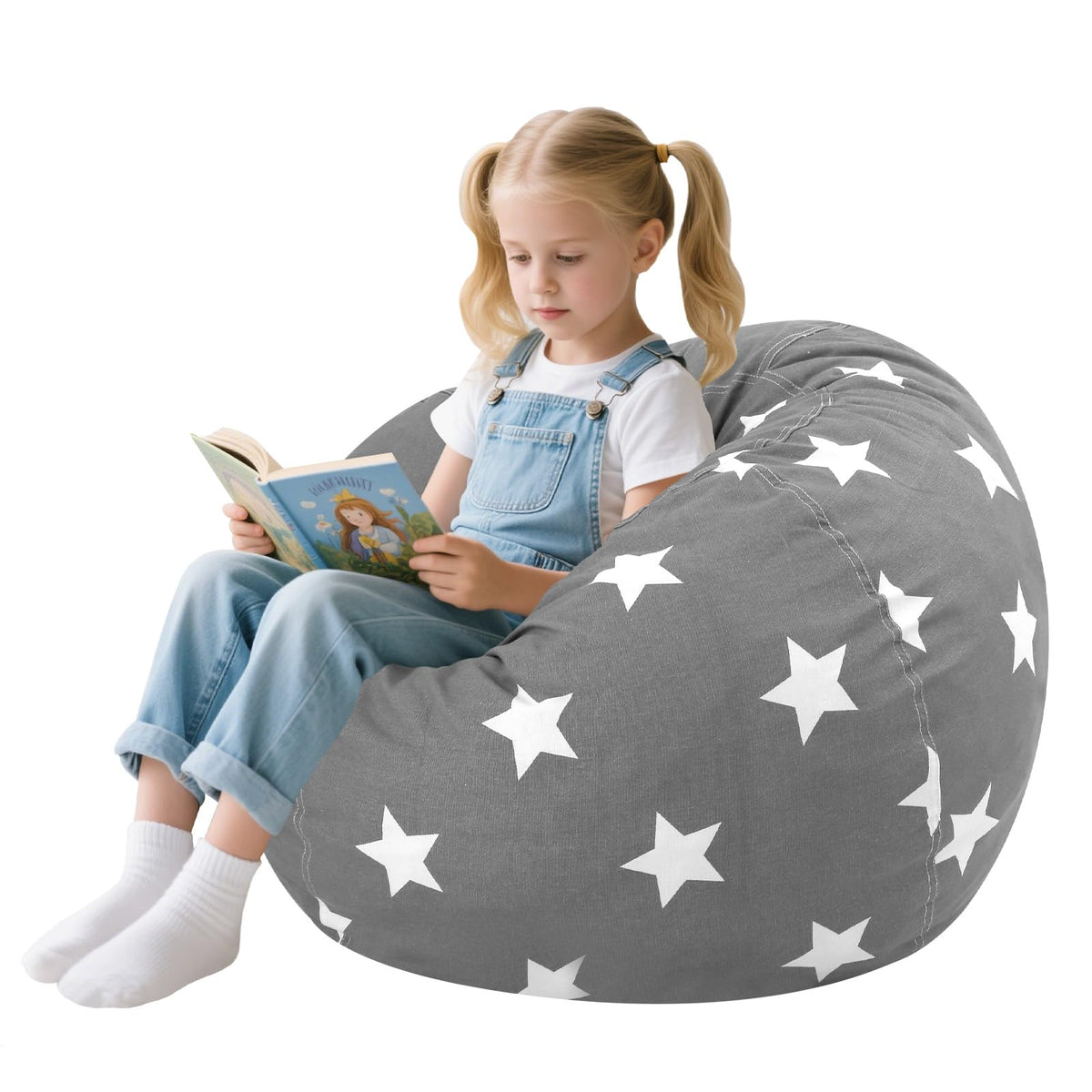 COMAX Bean Bag Chair for Kids, Kid Beanbag Chair Cute, Cotton Canvas Lazy Chair with Shredded Foam Filling, Stuffed Floor Sofa Couch for Boys and Girls, Grey Stars