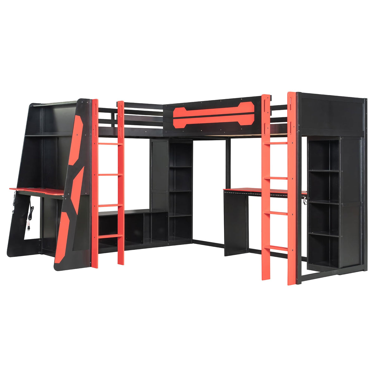 HRJHLucky Twin Size L-Shaped Gaming Loft Bed with RGB LED Lights, USB Ports, TV Stand and Dual Beds, Wood Loft Bed Frame with Desk and Storage Shelves (Red)